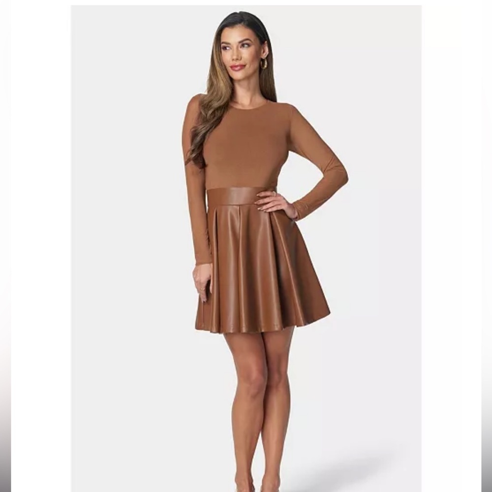 Bebe Warm Caramel Faux Leather Flare Dress